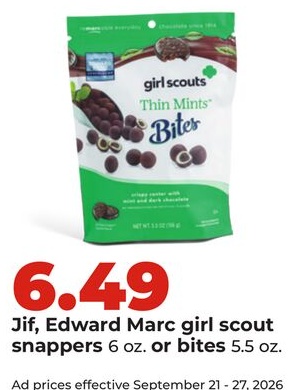 Jif, Edward Marc girl scout snappers 6 oz. or bites 5.5 oz.