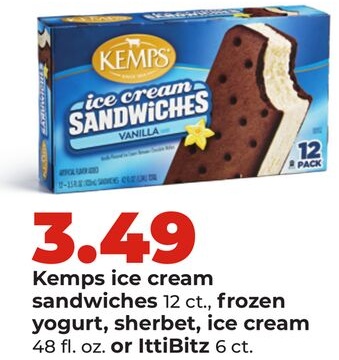Kemps ice cream sandwiches 12 ct., frozen yogurt, sherbet, ice cream 48 fl. oz. or IttiBitz 6 ct.