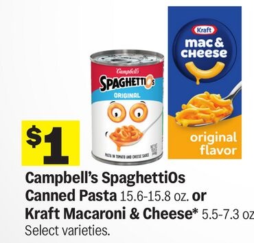Campbell's SpaghettiOs Canned Pasta 15.6-15.8 oz. or Kraft Macaroni & Cheese* 5.5-7.3 oz.