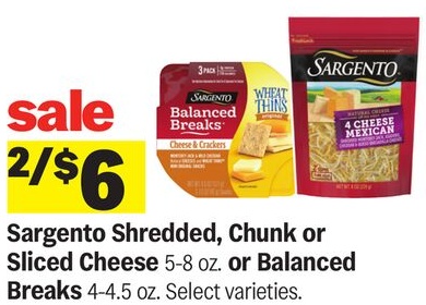 Sargento Shredded, Chunk or Sliced Cheese 5-8 oz. or Balanced Breaks 4-4.5 oz.