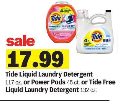Tide Liquid Laundry Detergent 117 oz. or Power Pods 45 ct. or Tide Free Liquid Laundry Detergent 132 oz.