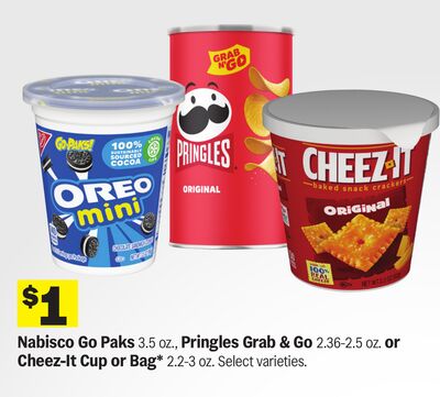 Nabisco Go Paks 3.5 oz., Pringles Grab & Go 2.36-2.5 oz. or Cheez-It Cup or Bag* 2.2-3 oz.
