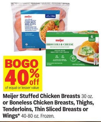 Meijer Stuffed Chicken Breasts 30 oz. or Boneless Chicken Breasts, Thighs, Tenderloins, Thin Sliced Breasts or Wings* 40-80 oz.
