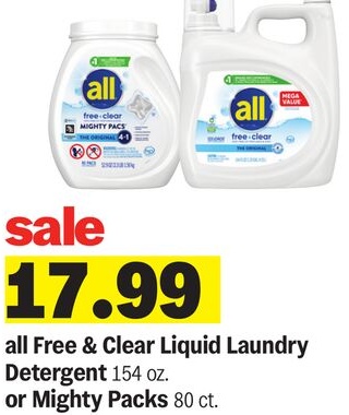 all Free & Clear Liquid Laundry Detergent 154 oz. or Mighty Packs 80 ct.