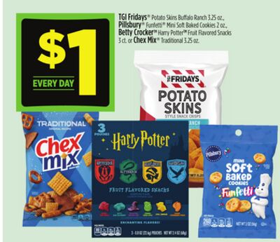 TGI Fridays® Potato Skins Buffalo Ranch, Pillsbury® Funsize™ Mini Soft Baked Cookies, Betty Crocker® Harry Potter® Fruit Flavored Snacks or Chex Mix® Traditional