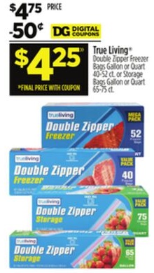 True Living® Double Zipper Freezer Bags Gallon or Quart 40-52 ct., or Storage Bags Gallon or Quart 65-75 ct.
