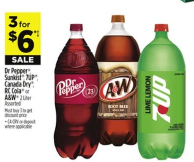 Dr Pepper Sunkist 1, 7UP Canada Dry RC Cola or A&W 2 Liter