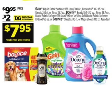 Gain® Liquid Fabric Softener, Fireworks™, Sheets, or Rinse, Downy® Beads, Rinse, Liquid Fabric Softener or Ultra Soft Liquid Fabric Softener or Bounce® Sheet