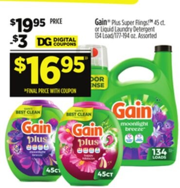 Gain® Plus Super Flings!™ 45 ct. or Liquid Laundry Detergent 134 Load/177-194 oz.