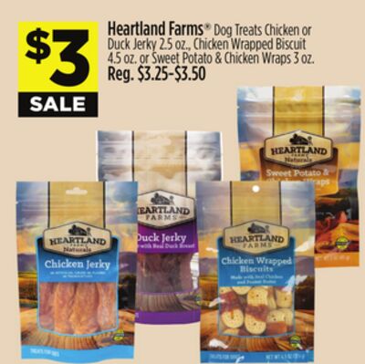Heartland Farms® Dog Treats Chicken or Duck Jerky 2.5 oz., Chicken Wrapped Biscuit 4.5 oz. or Sweet Potato & Chicken Wraps 3 oz.
