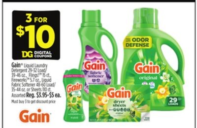 Gain® Liquid Laundry Detergent 29-32 Load/ 39-46 oz., Flings!TM15 ct., FireworksTM 5.7 oz., Liquid Fabric Softener 48-60 Load/ 35-44 oz. or Sheets 110 ct.