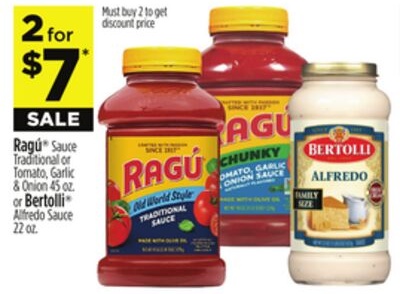 Ragú® Sauce Traditional or Tomato, Garlic & Onion 45 oz. or Bertolli® Alfredo Sauce 22 oz.
