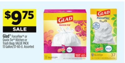 Glad® ForceFlex® or Quick-Tie® Kitchen or Trash Bags VALUE PACK 13 Gallon/37-60 ct.