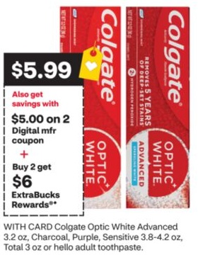 Colgate Optic White Advanced 3.2 oz, Charcoal, Purple, Sensitive 3.8-4.2 oz, Total 3 oz or hello adult toothpaste.