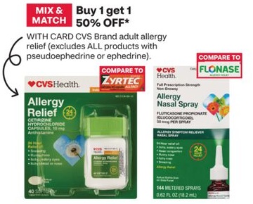 CVS Brand adult allergy relief excludes ALL products with pseudoephedrine or ephedrine Allergy Relief Cetirizine Hydrochloride Capsules, 10 mg Allergy Nasal Spray