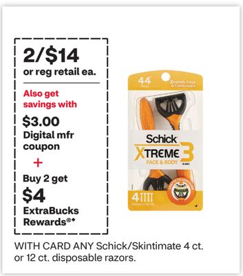 ANY Schick/Skintimate 4 ct. or 12 ct. disposable razors