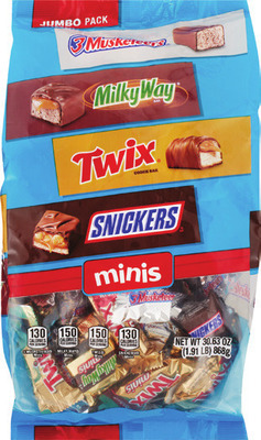 Hershey's 12.48-73.54 oz, Mars seasonal large, jumbo, giant bags 19.49-66.4 oz or Halloween candy big bags 20.4-55.7 oz.