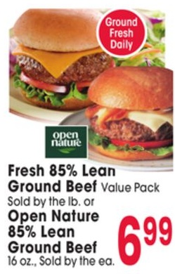 Fresh 85% Lean Ground Beef Value Pack Sold by the lb. or Open Nature 85% Lean Ground Beef 16 oz.,