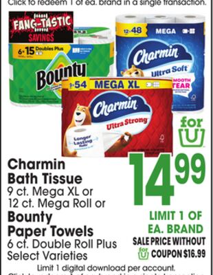 Charmin Bath Tissue 9 ct. Mega XL or 12 ct. Mega Roll or Bounty Paper Towels 6 cf. Double Roll Plus