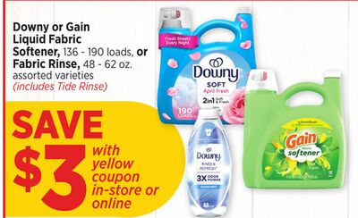 Downy or Gain Liquid Fabric Softener 136 - 190 loads, or Fabric Rinse, 48 - 62 oz.