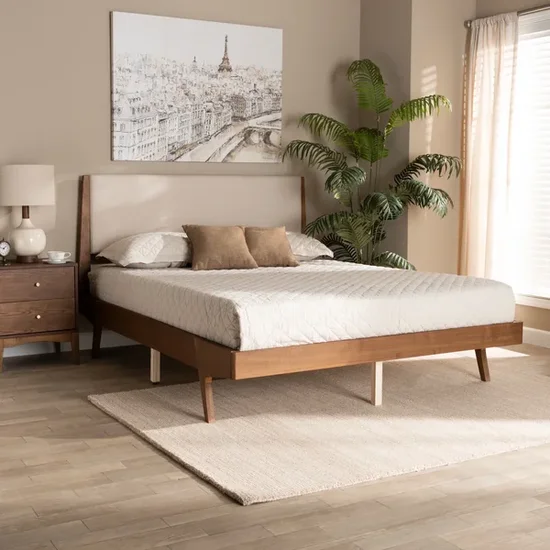 Baxton Studio Sennae Mid-Century Modern Beige Fabric Upholstered and Walnut Brown Finished Wood Full Size Platform Bed