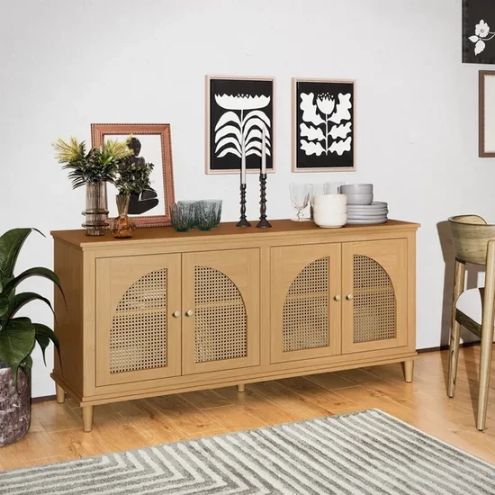Beautiful Drew by Drew Barrymore Rattan 4-Door Buffet Sideboard, Warm Honey