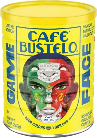 Café Bustelo Espresso Style Dark Roast Ground Coffee, Limited Edition Game Face Design, Tattoo Kit Included, 10 Oz. Can