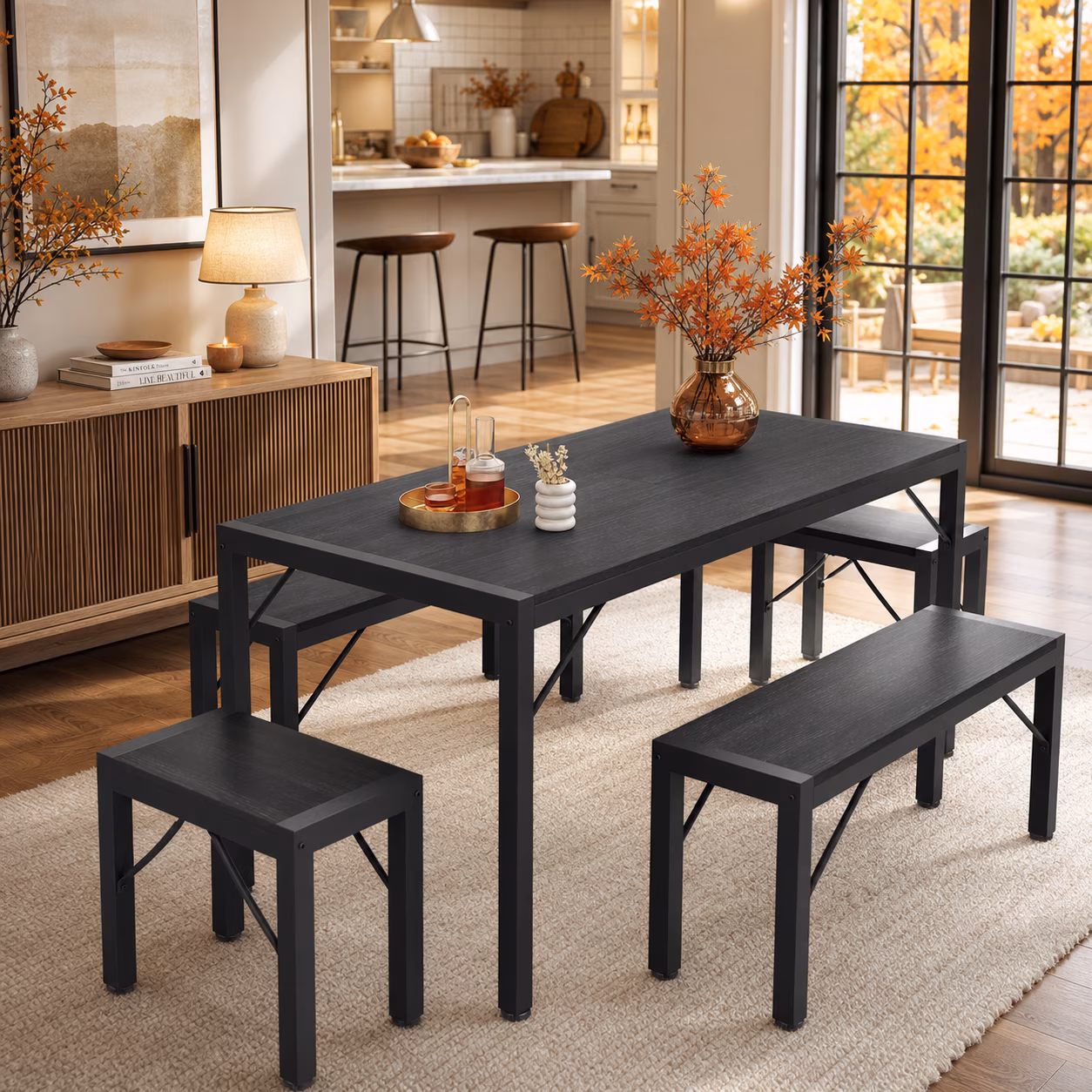 7 Piece Dining Table Set for 6, Kitchen Dining Room Furniture with 6 PU Leather Upholstered Chairs, Suitable for Apartment Small Space, Retro