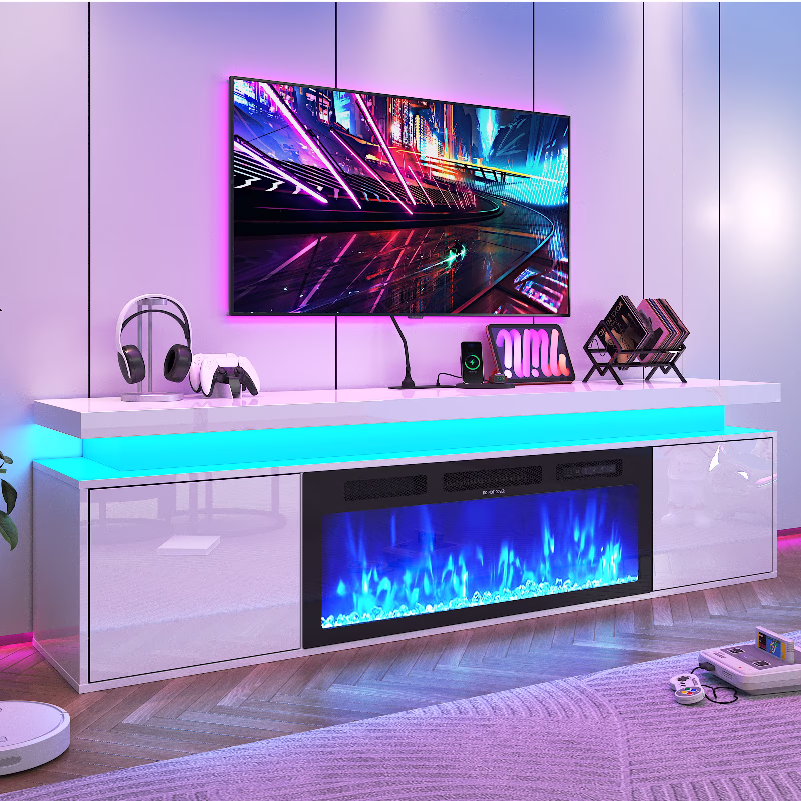 70\'\' White TV Stand with 36\'\' Fireplace