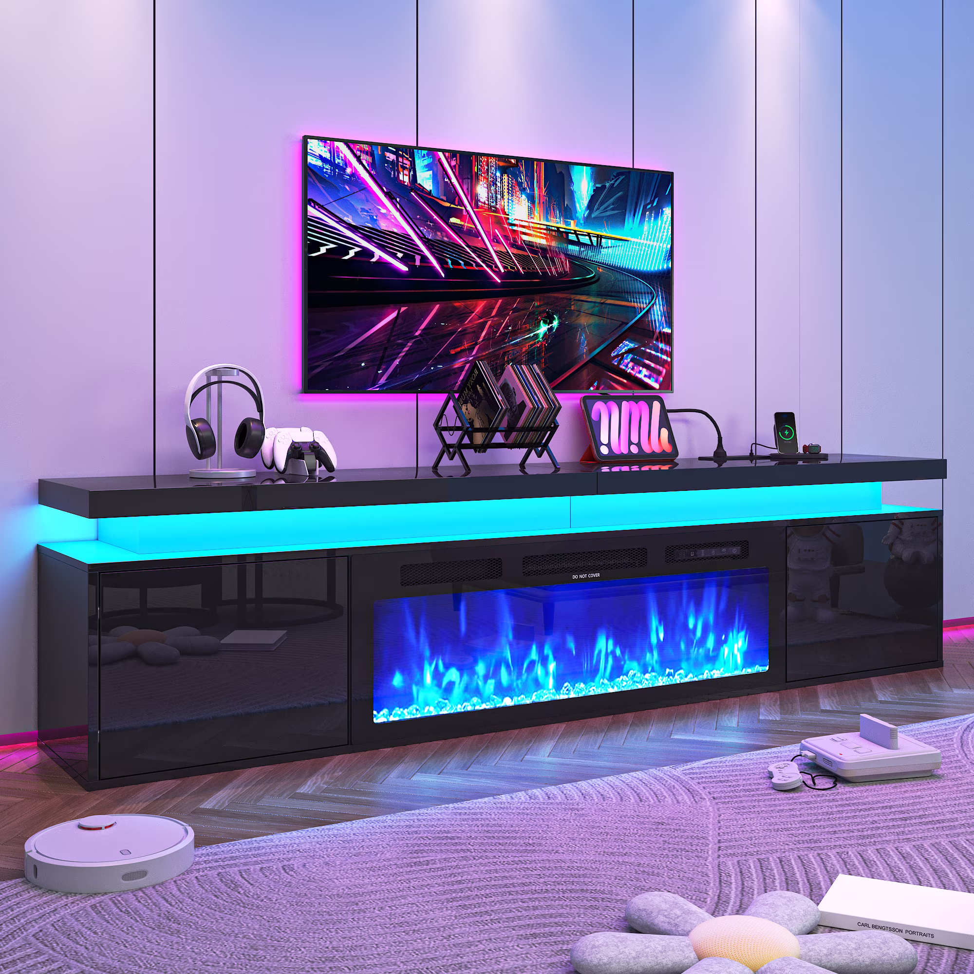 80\'\' Black TV Stand with 40\'\' Fireplace
