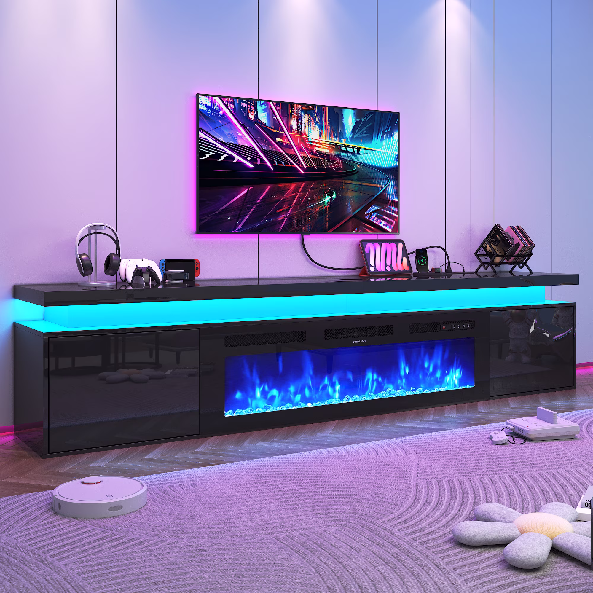 90\'\' Black TV Stand with 50\'\' Fireplace
