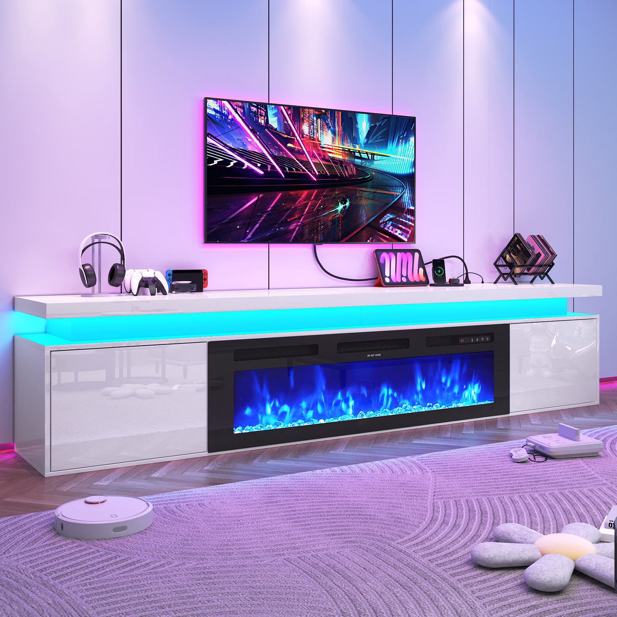 90\'\' White TV Stand with 50\'\' Fireplace