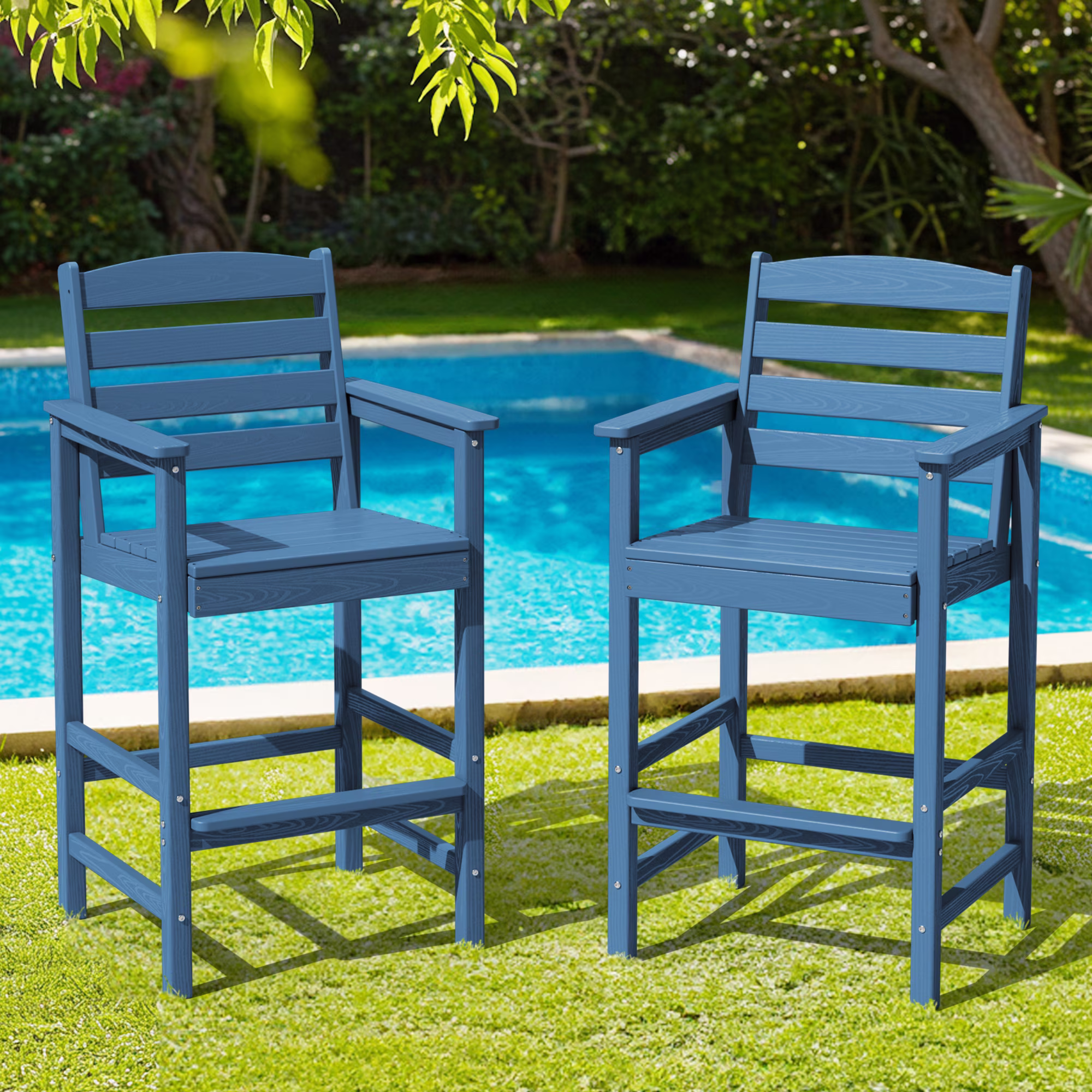 SERWALL Tall Adirondack Chairs and Table 3 Pieces Set, Adirondack Bar Height Chairs Set of 2 and Bar Table, Outdoor Barstools Set for Balcony, Poolside, Backyard, Grey