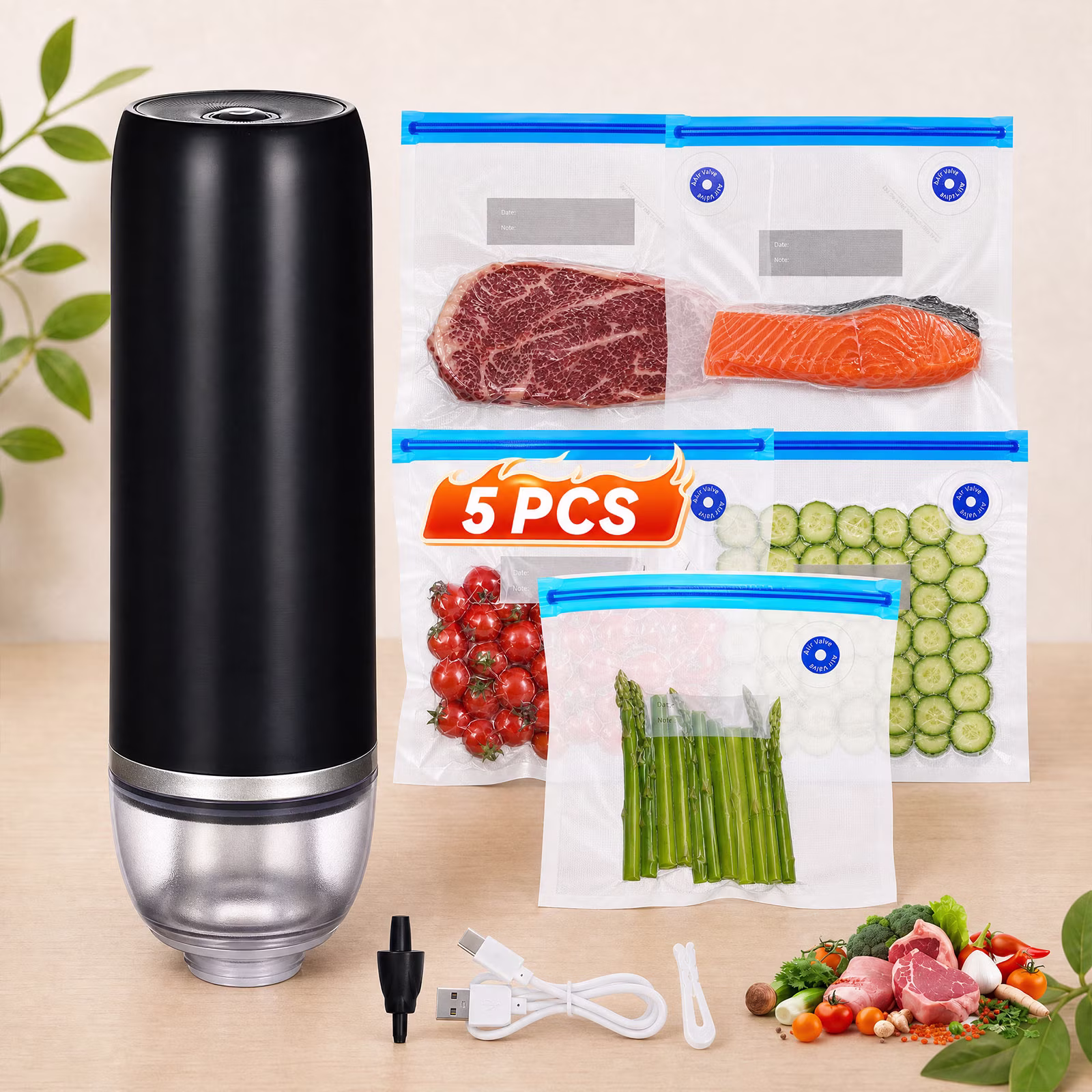 YEERSWAG Portable Handheld Vacuum Sealer Machine,USB Rechargeable Mini Automatic Food Vacuum Pump with 5 Reusable Vacuum Bags,60Kpa Powerful Suction for Meat, Fruit,Vegetable and Snack Food Storage