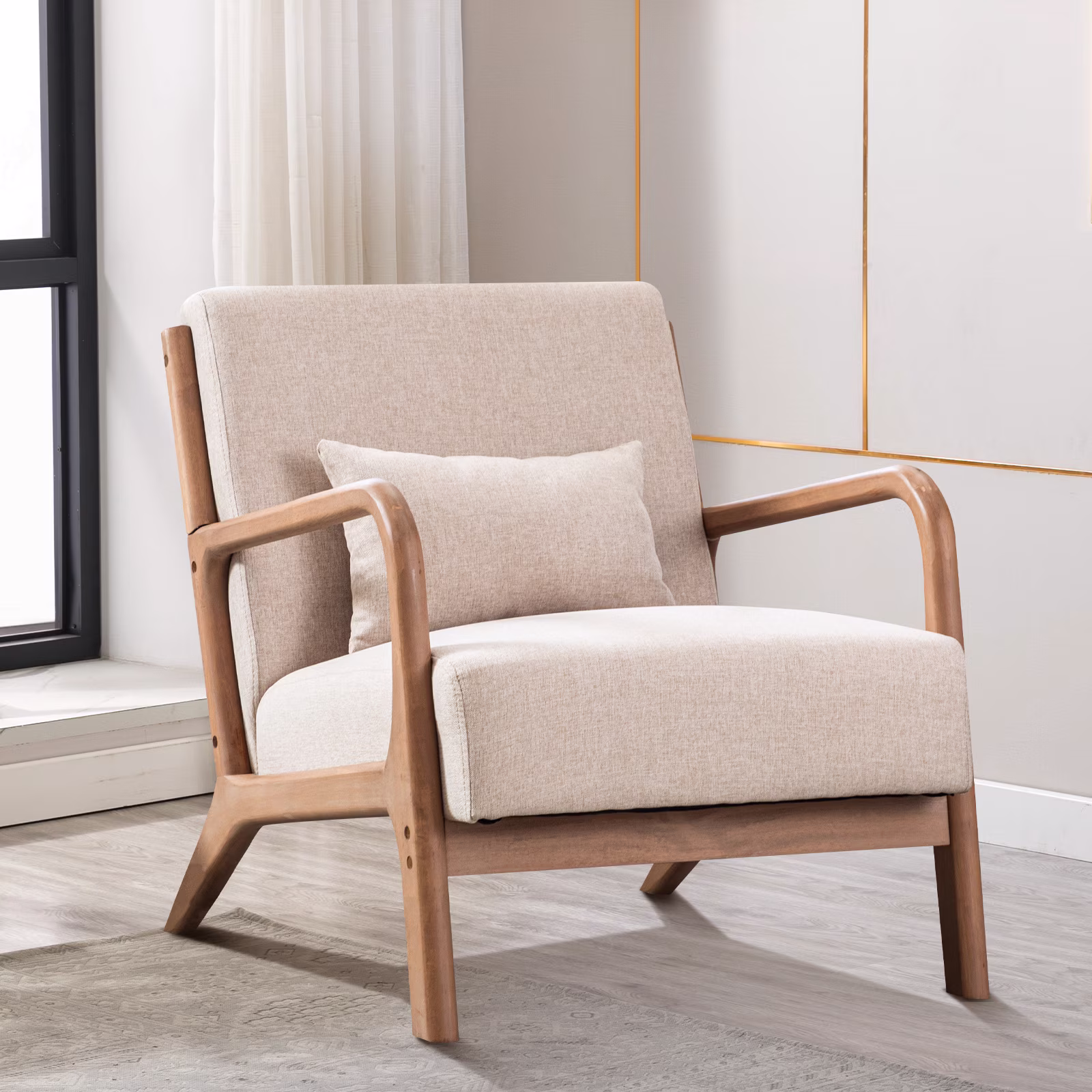Bonzy Home Solid Wood Armchair, Mid-Century Accent Chair Set of 2 Living Room, Beige