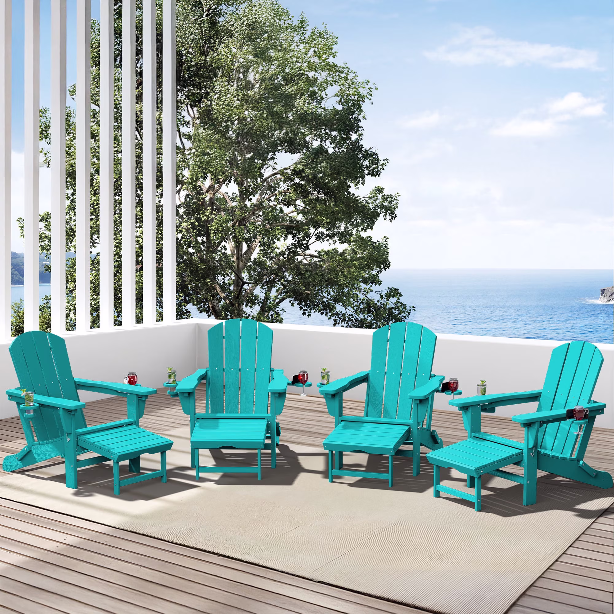 SERWALL Adjustable Folding Adirondack Chair with Footrest & Dual Cup Holders Set of 2, HDPE Foldable Multifunctional Adirondack Chair with Ottoman for Patio, Outdoor, Garden, Black