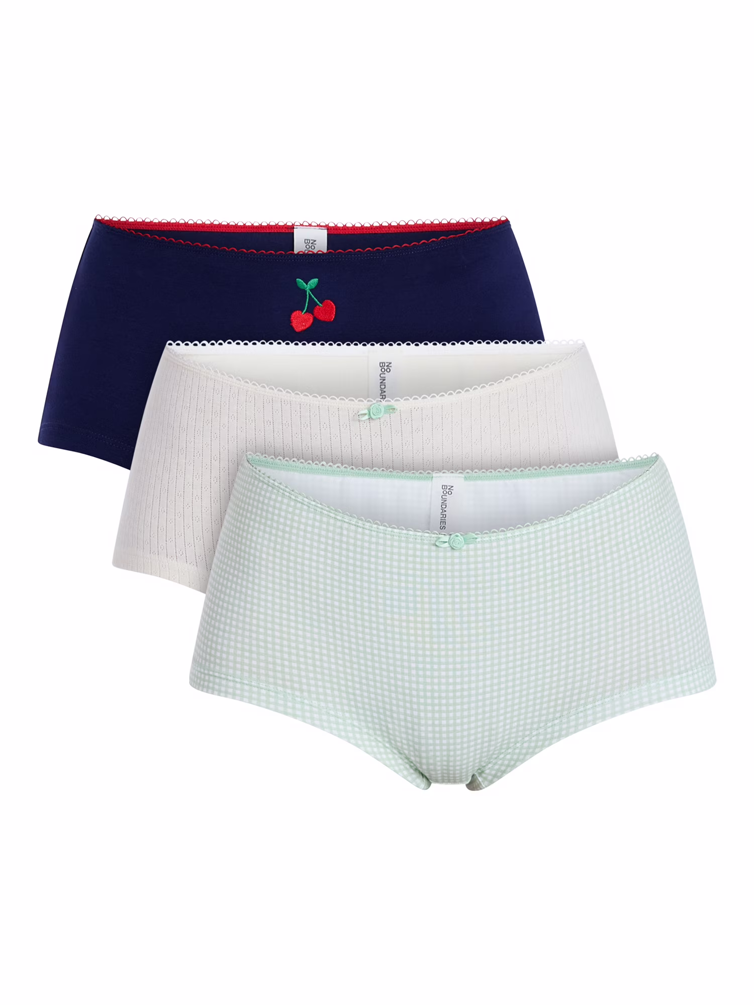 Blue Sapphire Emb, Light Birch Pointelle, Peppermint Splash Gingham