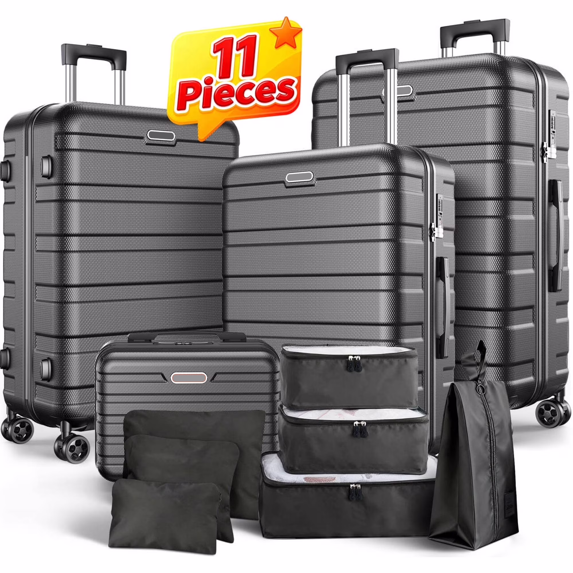 11Pcs Luggage Set, Hardshell Suitcases with Spinner Wheels & Lock, 20