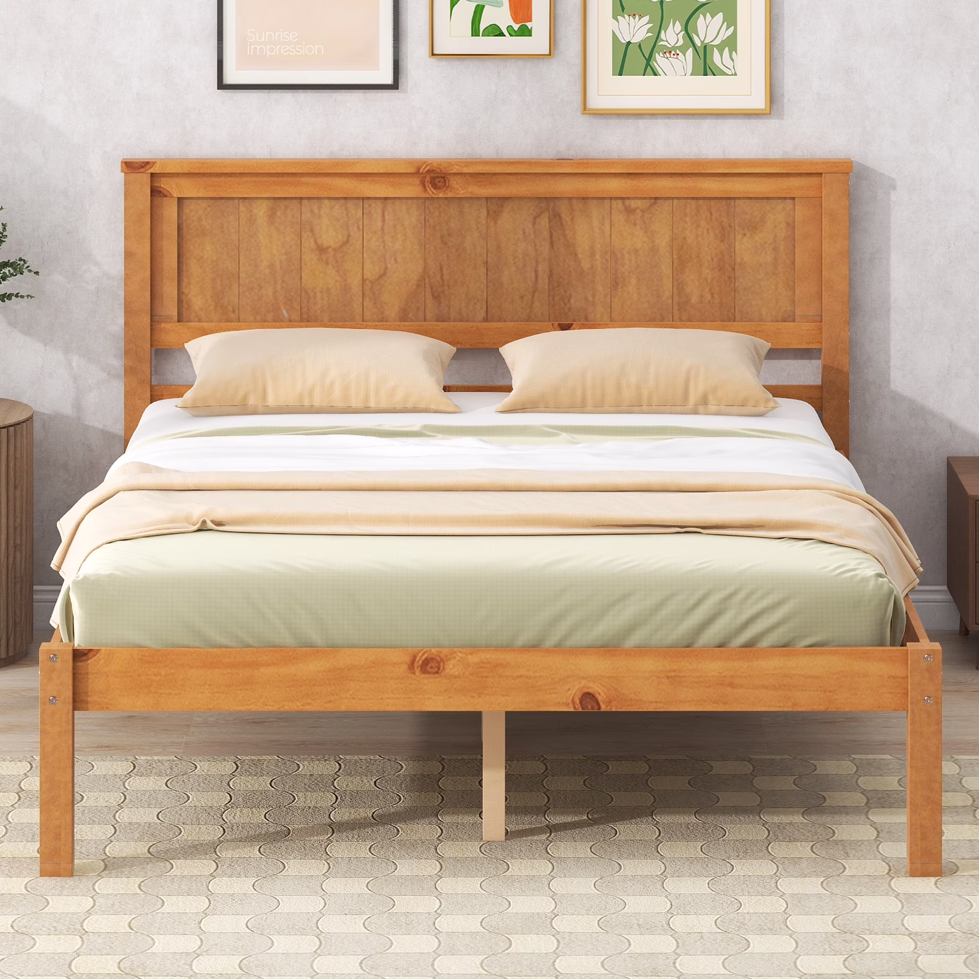 Queen Size Bed Frame with Gourd Shaped Headboard,Mid-Century Wood Platform Queen Bed Frame with Headboard,Retro Style Wooden Slat Support,Natural