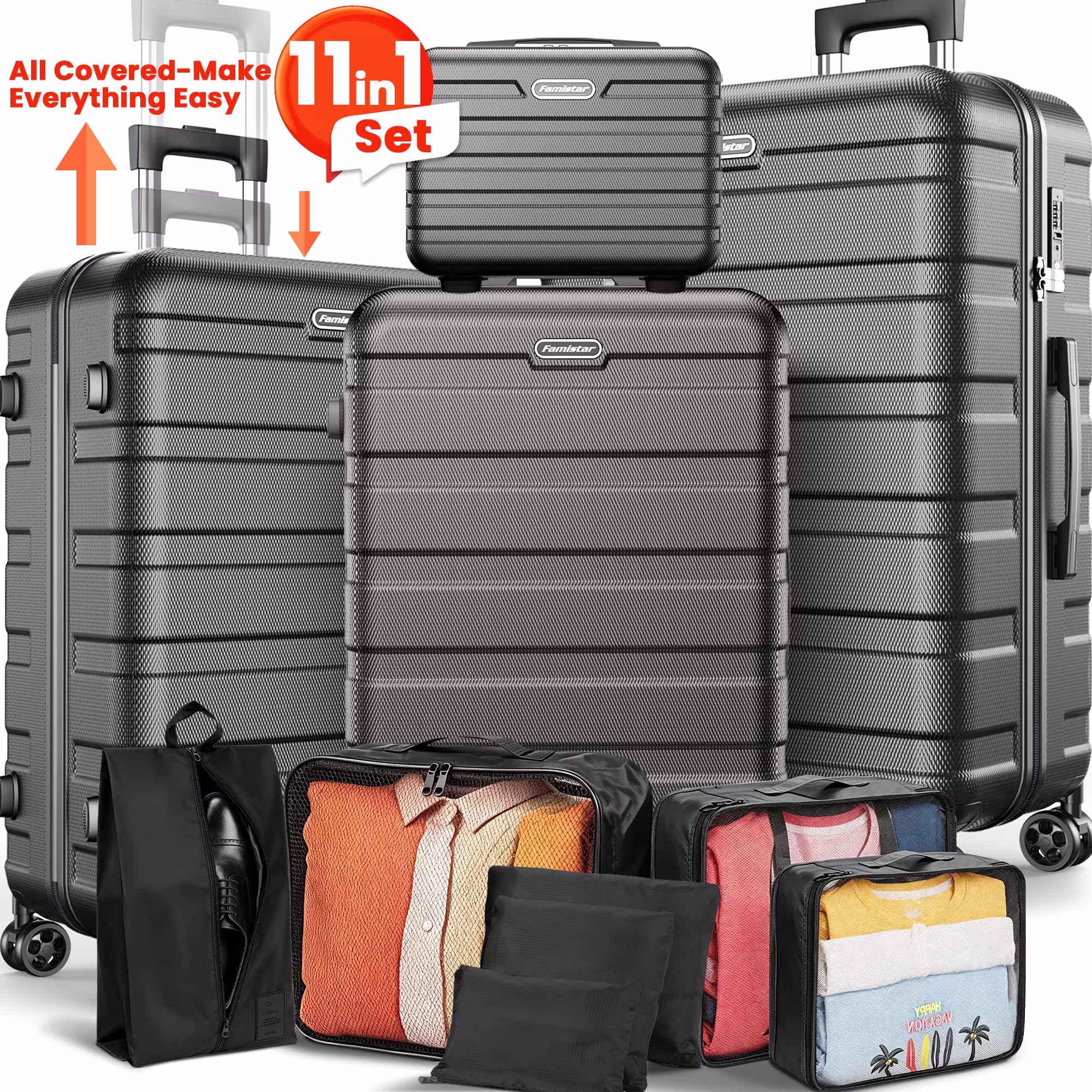 Famistar 11 Piece Hardside Luggage Suitcase Set with 360 Double Spinner Wheels Wheels Integrated TSA Lock, 14 Travel Case, 20