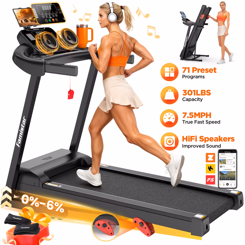 Famistar Electric Folding Treadmill for Home with Adjustable Incline & APP, 7.5MPH Speed, 300lbs, HiFi Bluetooth Speakers, 3.45HP Foldable Compact Treadmill Walking Running Machine
