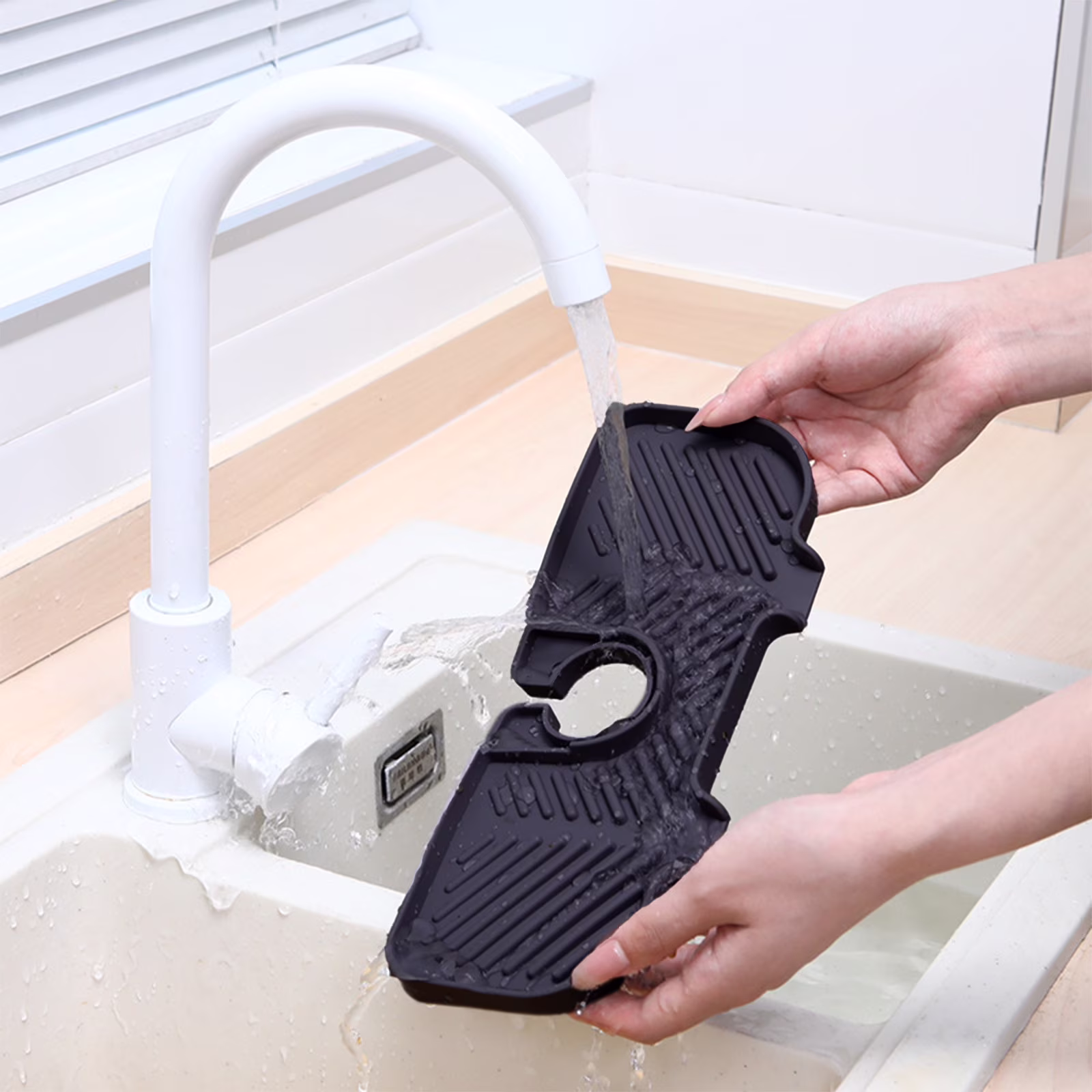 Uhuya Silicone Faucet Splash Guard, 10.6x4.3 Inch, Faucet Water Catcher Mat, Sink Splashing Guard Draining Pad, Longer Silicone Sink Mat for Kitchen, Bathroom, Laundry Room, Farmhouse Black