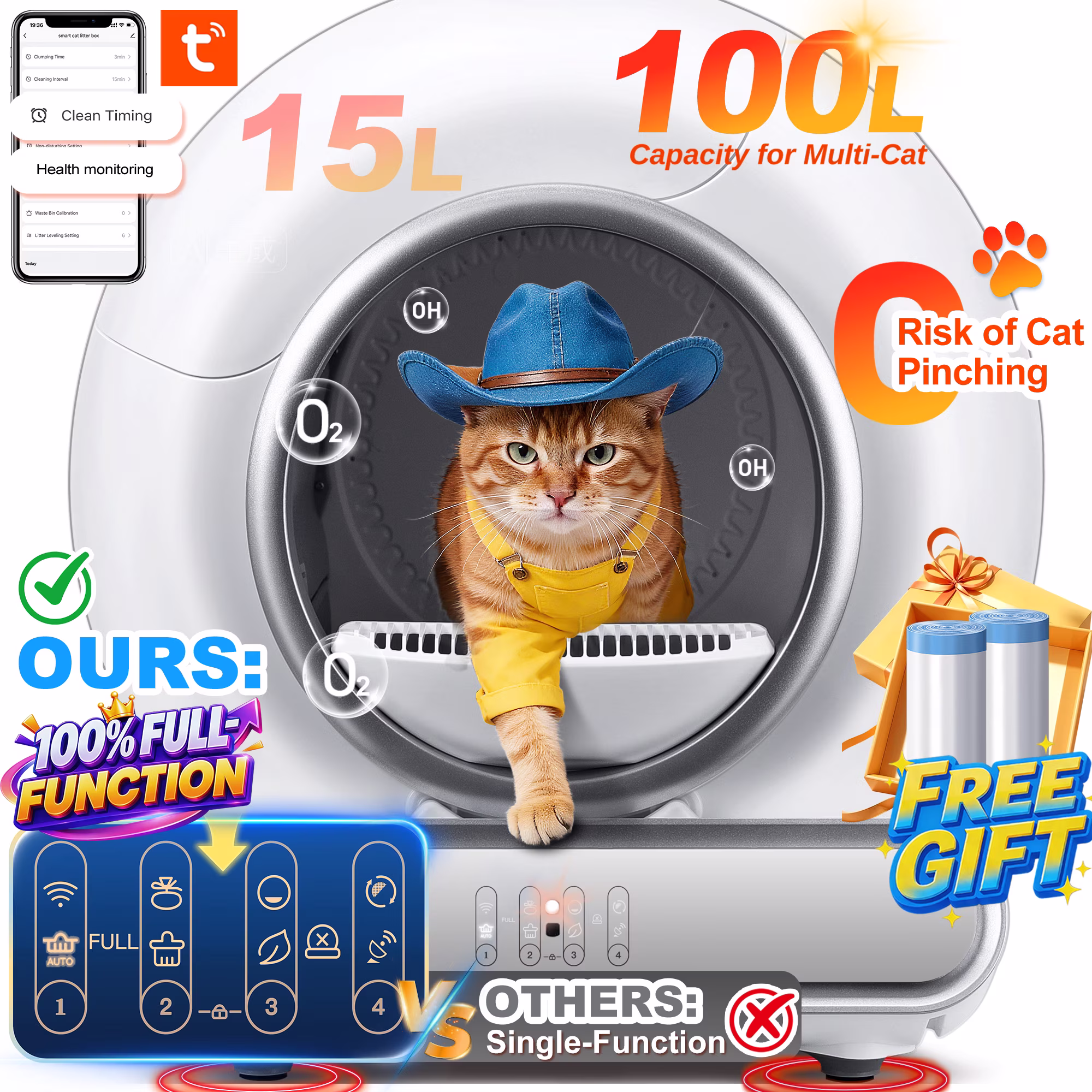Self Cleaning Cat Litter Box, 115L Automatic Litter Box w/ Liner, 10 Sensor Protection for Multi Cat, Dual APP+ Panel Control,Odor Removal,Litter Box