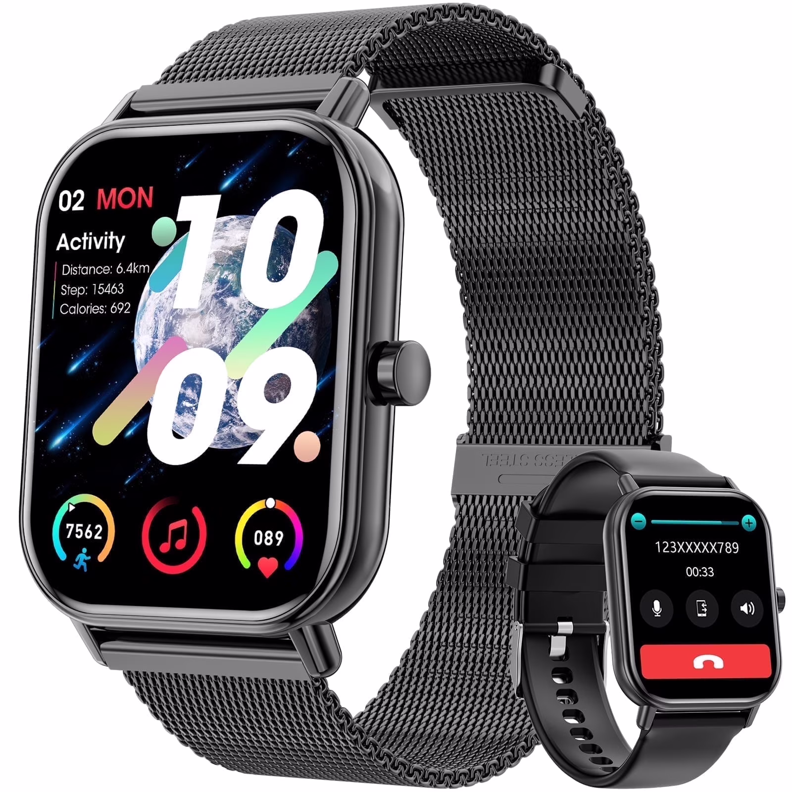 Mingdaln Smart Watch fits for Android and Iphone, IP68 Waterproof, Suitable for Women Men 100+Sports Modes 1.85 inch Fitness Tracker, with Answer/Make Calls/Message Reminder, (Two watch straps)