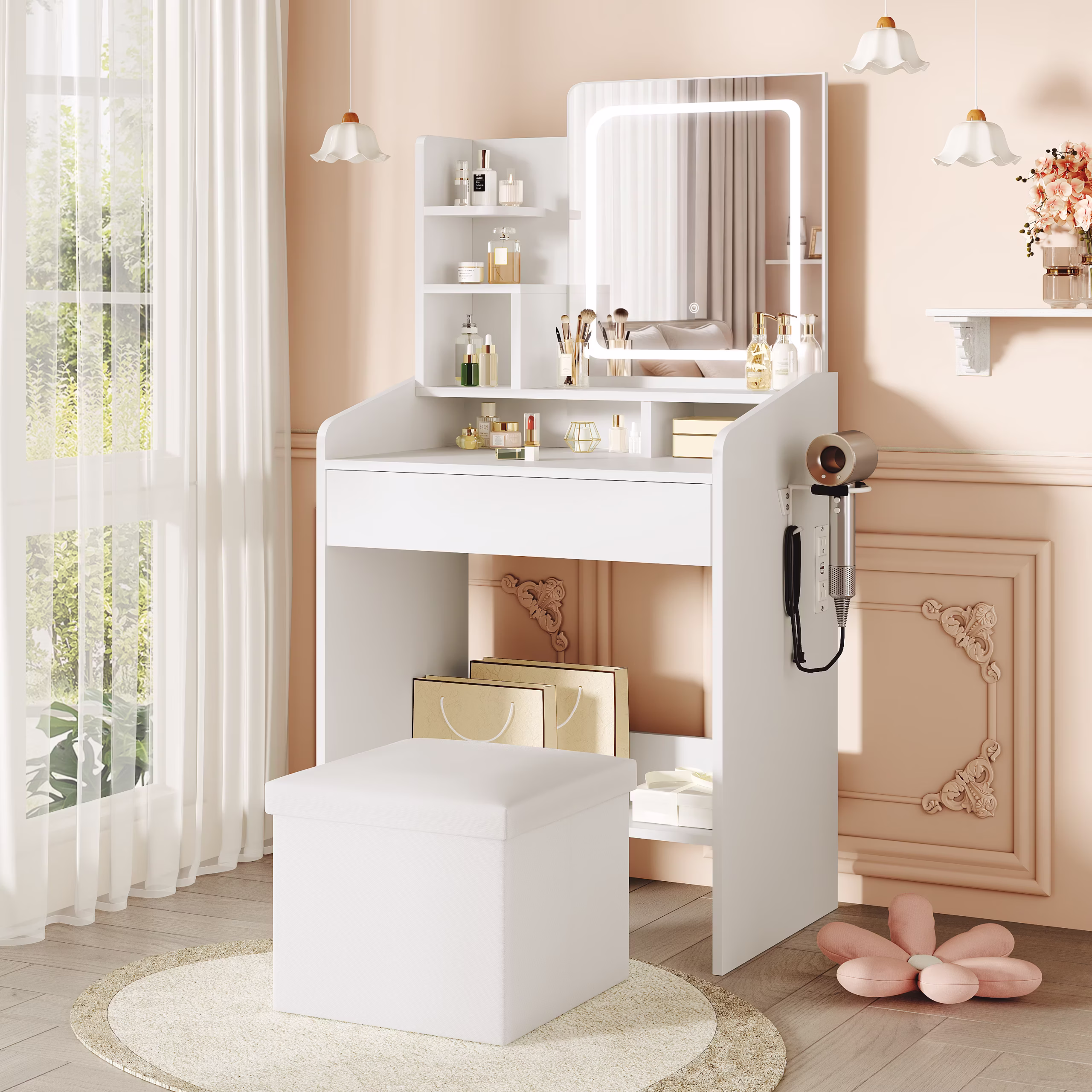 LIVELYGLOW Makeup Vanity Set with Stool, Lighted Mirror, Vanity Desk with 7 Shelves, Large Drawer, Power Outlet & Hairdryer Holder, Vanity Dressing Table Perfect gift for Bedroom - White