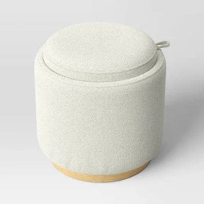 Dorm Round Upholstered Storage Ottoman Cream Boucle