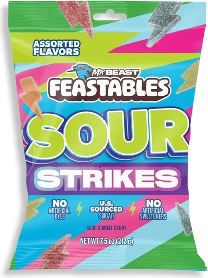 Feastables Mr Beast Sour Strikes, Assorted Flavor Sour Candy, 7.5 oz Bag