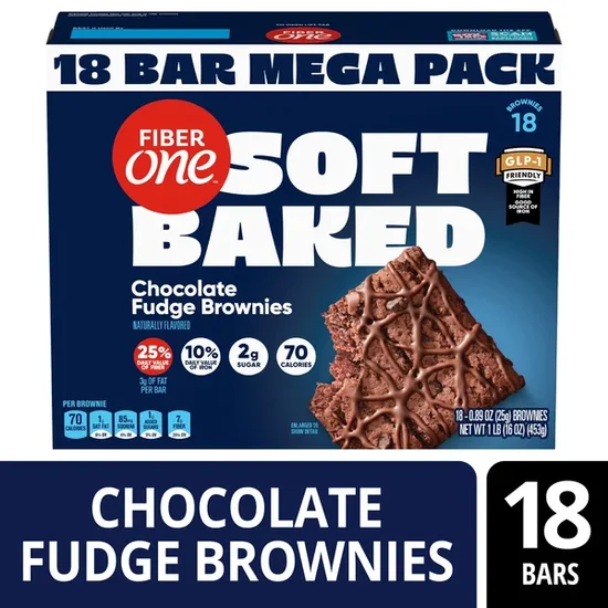 Fiber One Soft Baked Chocolate Fudge Brownies, Fiber Snacks, Mega Pack, 18 Ct, 16 oz
