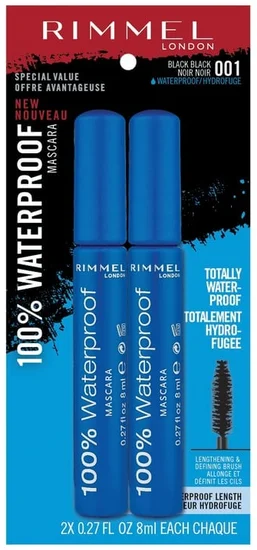 Rimmel London 100% Waterproof Mascara, 001 Black Black, 2 -Pack