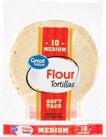 Great Value Medium Soft Taco Flour Tortillas, 17.5 oz Bag, 10 Count (Shelf Stable)